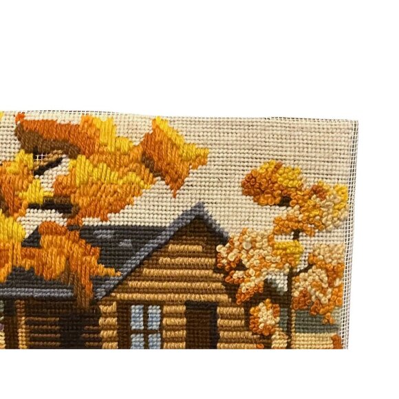 Vintage Finished Crewel Cabin in the Meadow Handmade Sunset Designs Fall Leaves - Picture 3 of 8